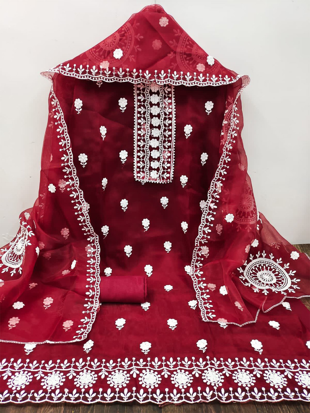 

ZEEPKART Floral Embroidered Unstitched Dress Material, Red