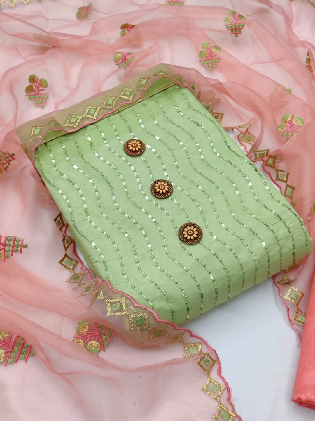

ZEEPKART Embellished Unstitched Dress Material, Green