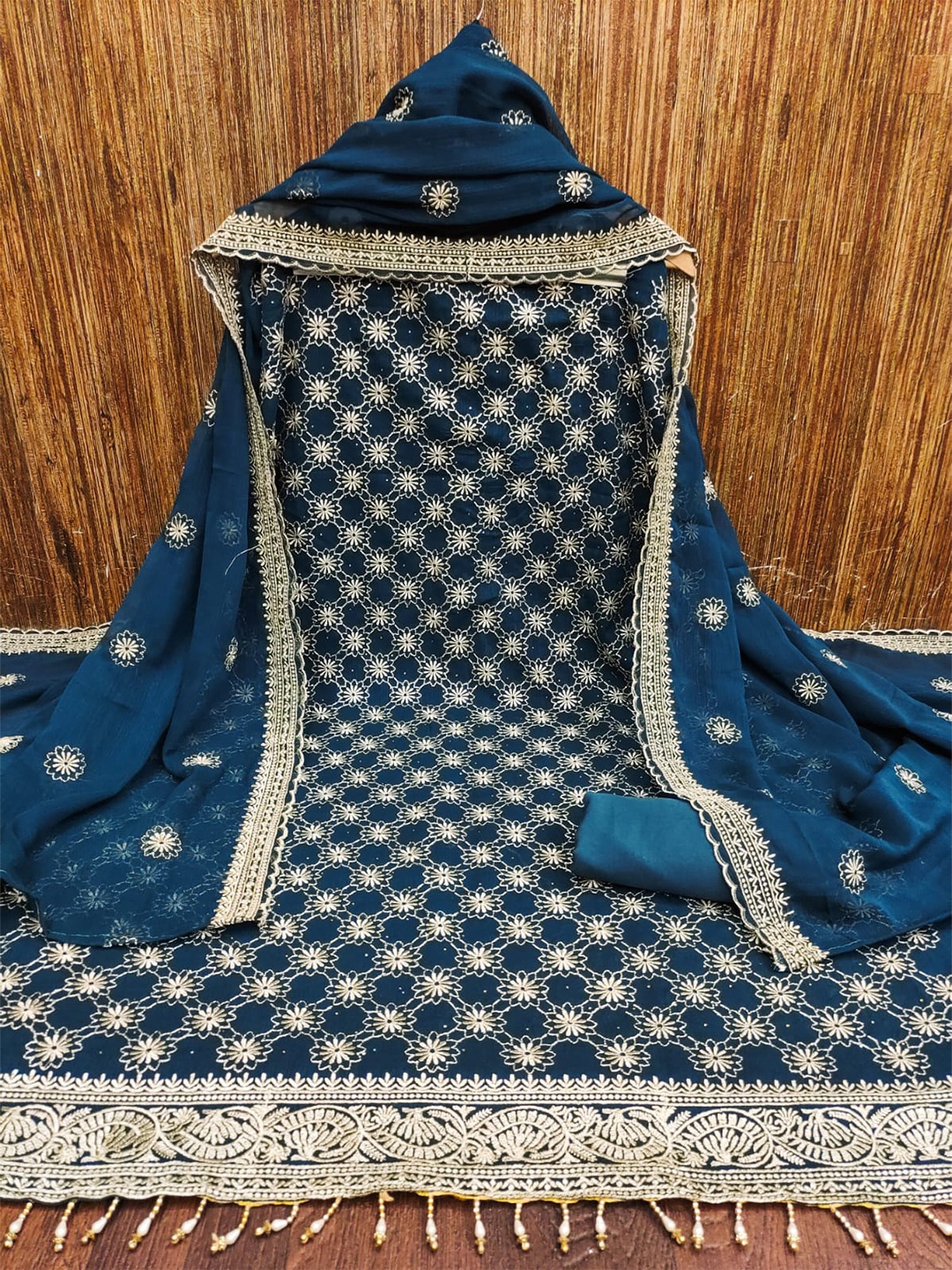 

ZEEPKART Floral Embroidered Unstitched Dress Material, Blue