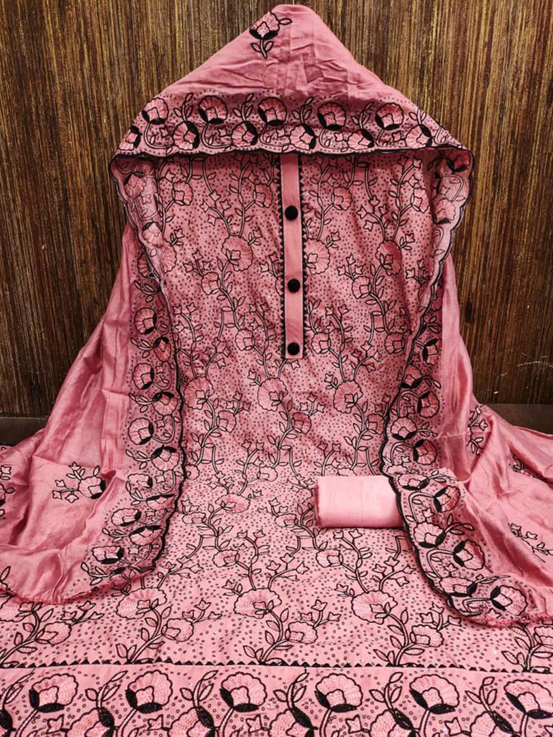 

ZEEPKART Floral Embroidered Jute Cotton Unstitched Dress Material, Pink