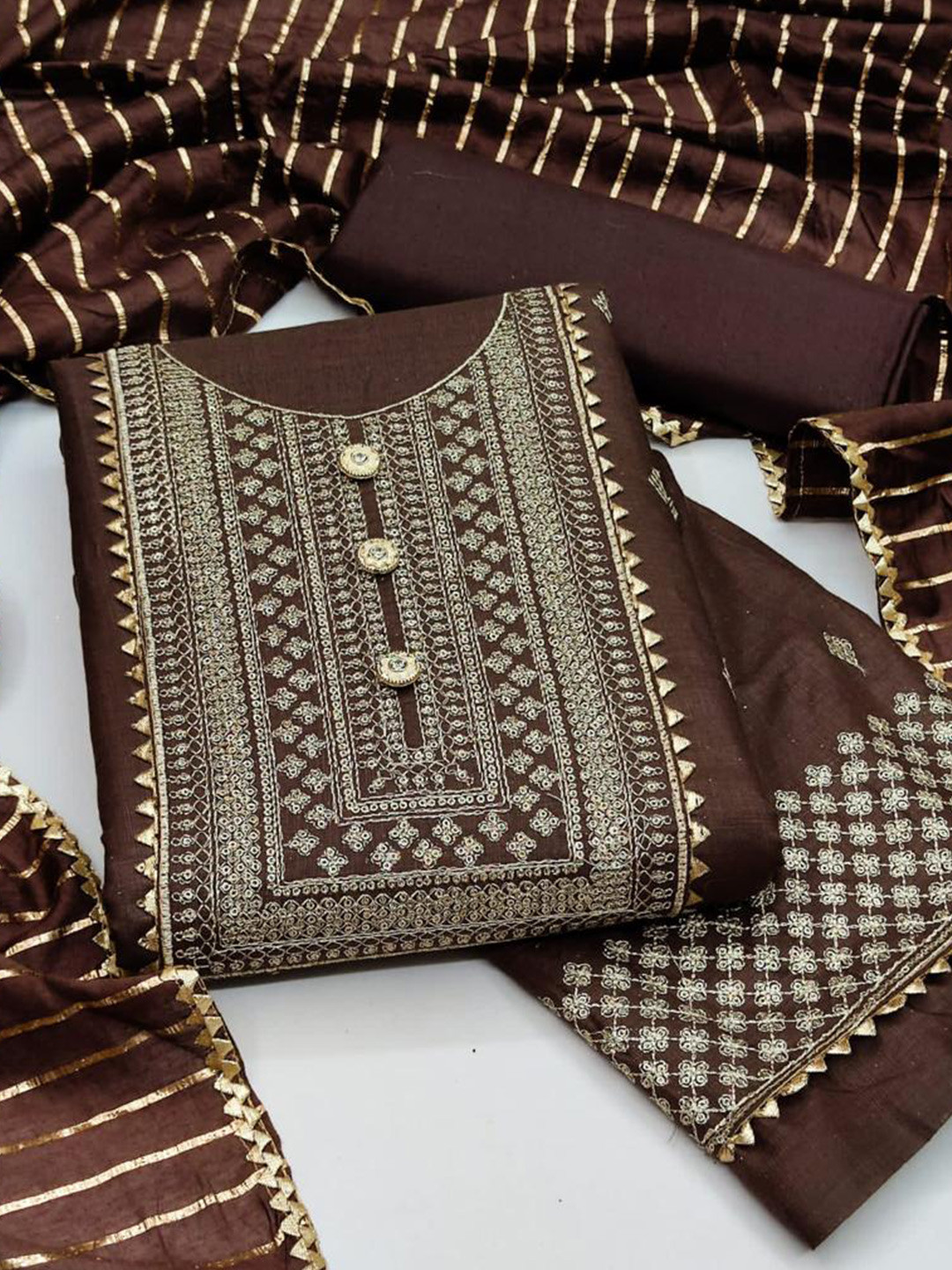 

ZEEPKART Embellished Jute Cotton Unstitched Dress Material, Brown
