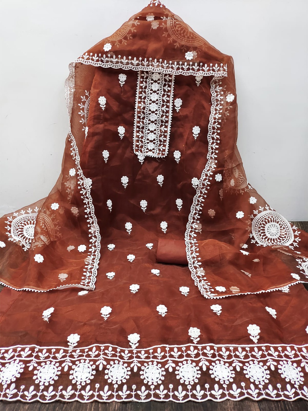 

ZEEPKART Floral Embroidered Unstitched Dress Material, Brown