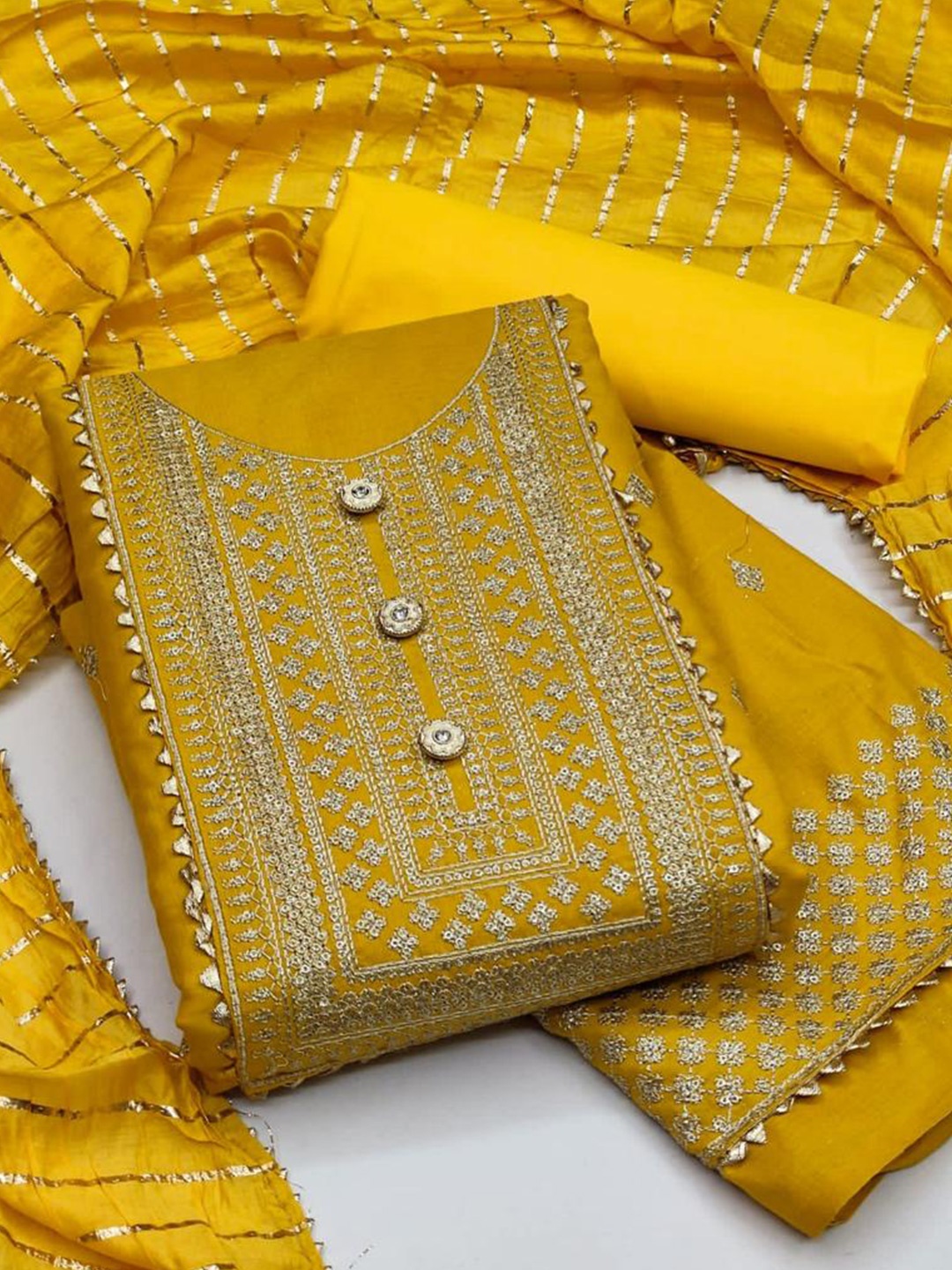 

ZEEPKART Ethnic Motifs Woven Design Jute Cotton Unstitched Dress Material, Mustard
