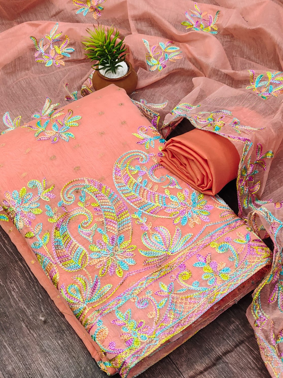 ZEEPKART Ethnic Motifs Embroidered Unstitched Dress Material, Peach