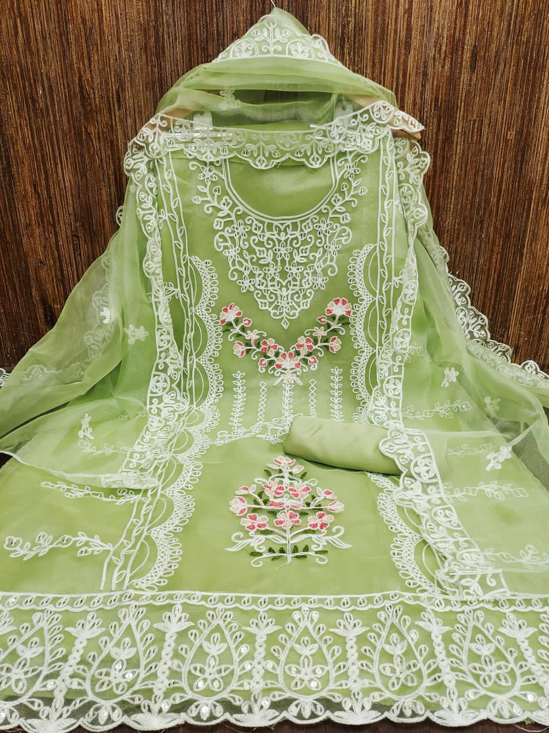 ZEEPKART Floral Embroidered Organza Unstitched Dress Material, Green