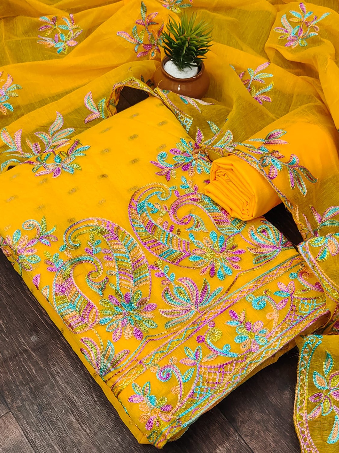 

ZEEPKART Ethnic Motifs Embroidered Unstitched Dress Material, Gold
