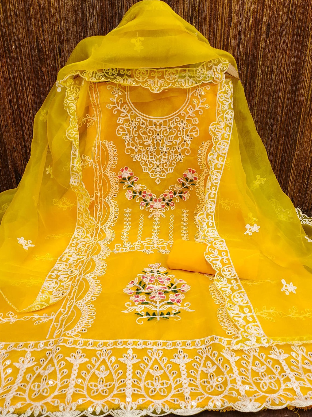 ZEEPKART Floral Embroidered Unstitched Dress Material, Gold