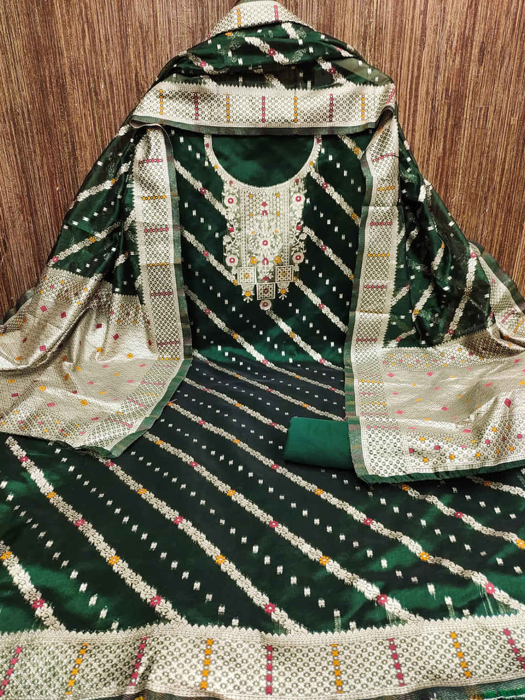 

ZEEPKART Ethnic Motifs Woven Design Unstitched Dress Material, Green