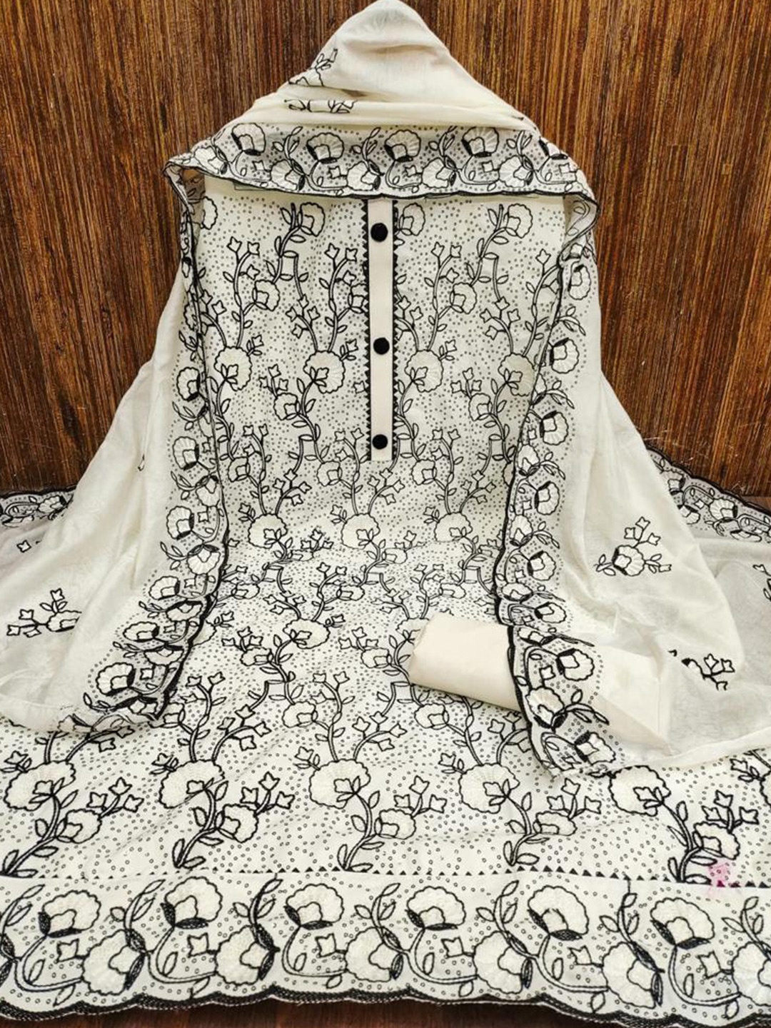 ZEEPKART Floral Embroidered Jute Cotton Unstitched Dress Material, White