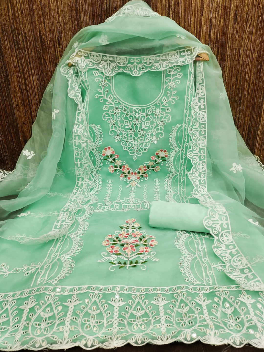 

ZEEPKART Floral Embroidered Organza Unstitched Dress Material, Sea green
