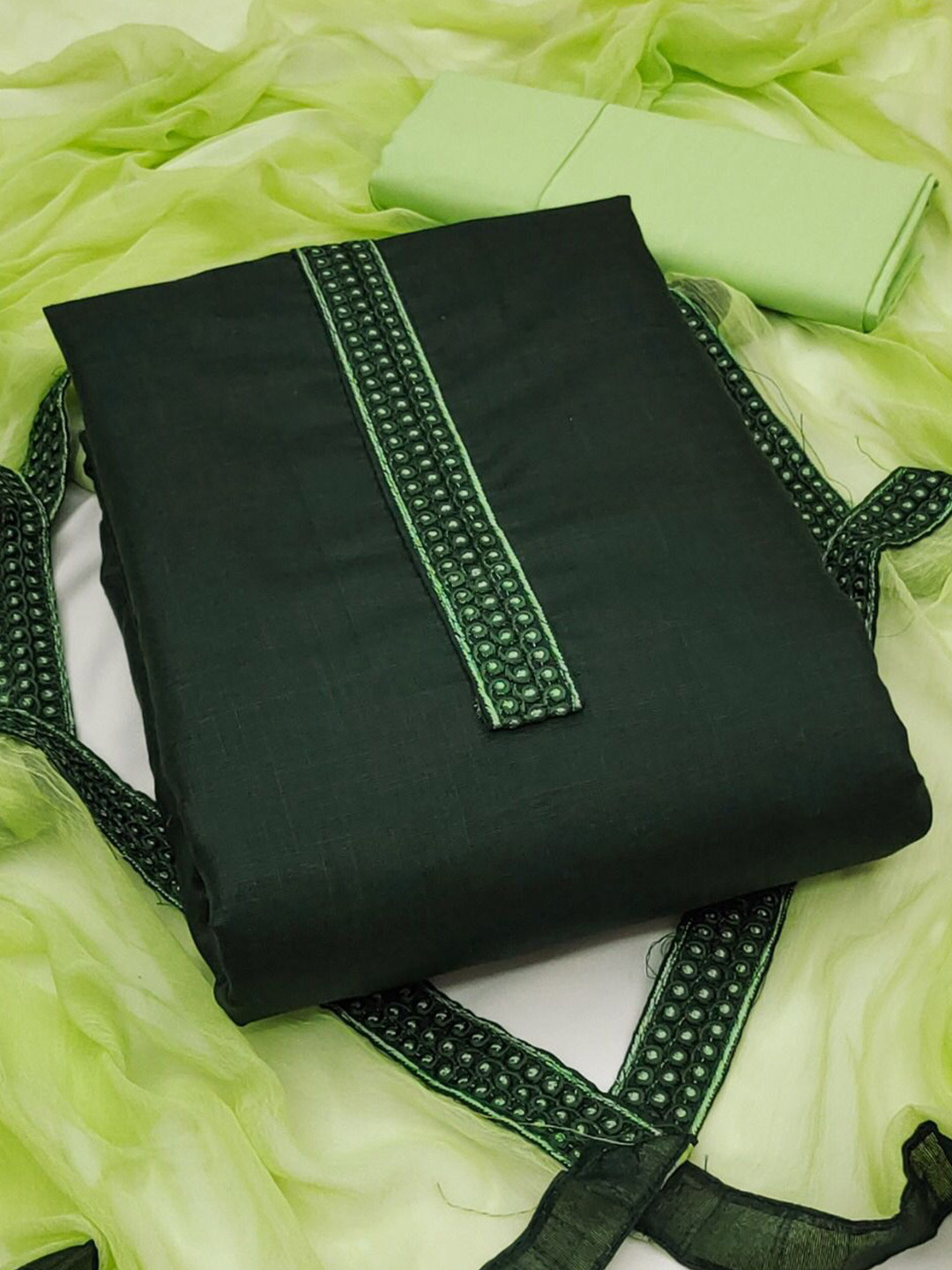 

ZEEPKART Thread Work Jute Cotton Unstitched Dress Material, Green