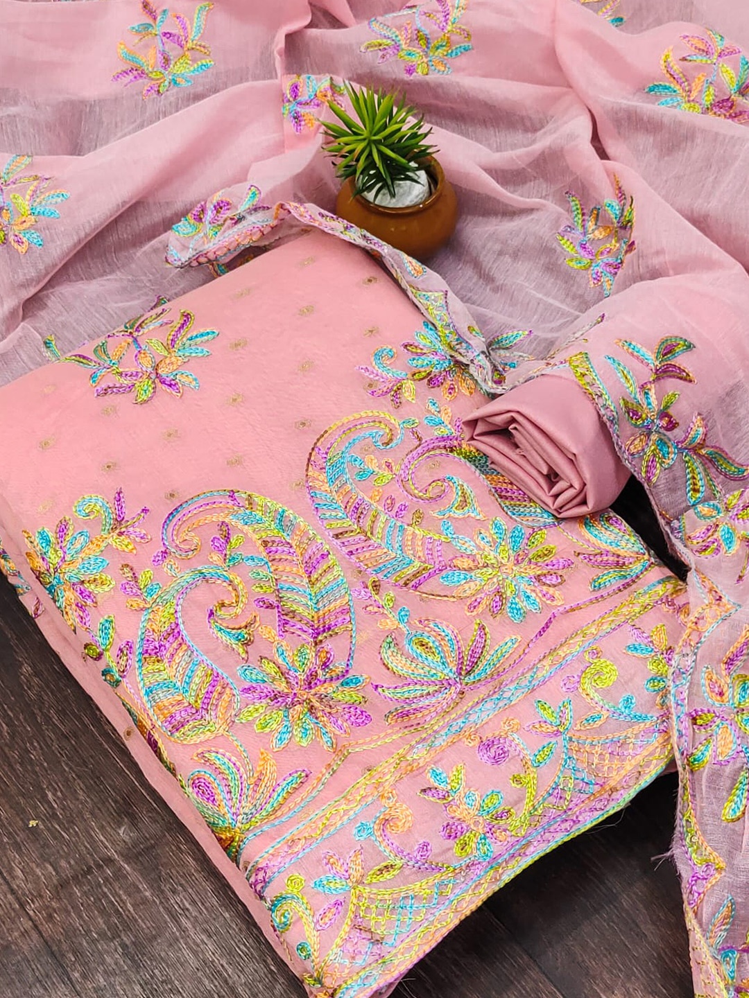 

ZEEPKART Floral Embroidered Unstitched Dress Material, Pink