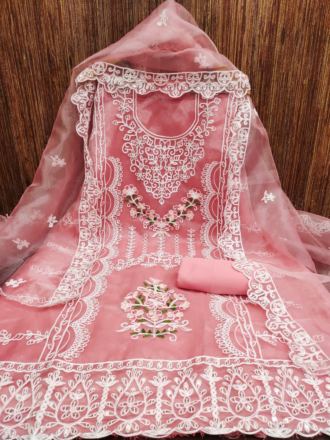 

ZEEPKART Pink Organza Unstitched Dress Material