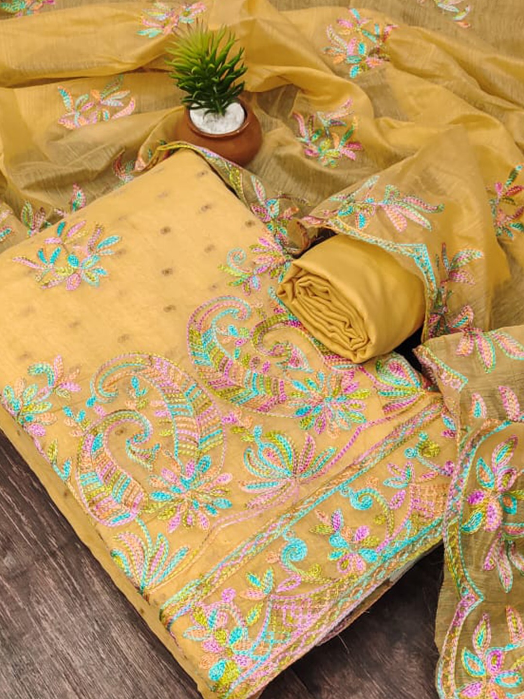 

ZEEPKART Ethnic Motifs Embroidered Unstitched Dress Material, Yellow
