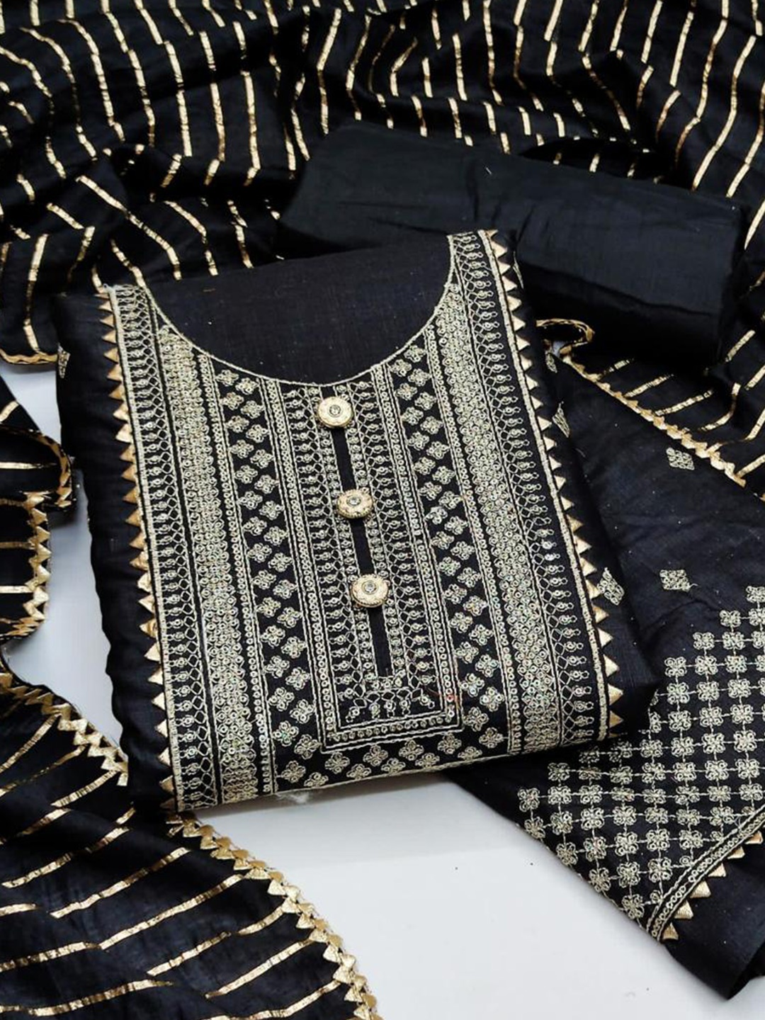 

ZEEPKART Ethnic Motifs Embellished Jute Cotton Unstitched Dress Material, Black