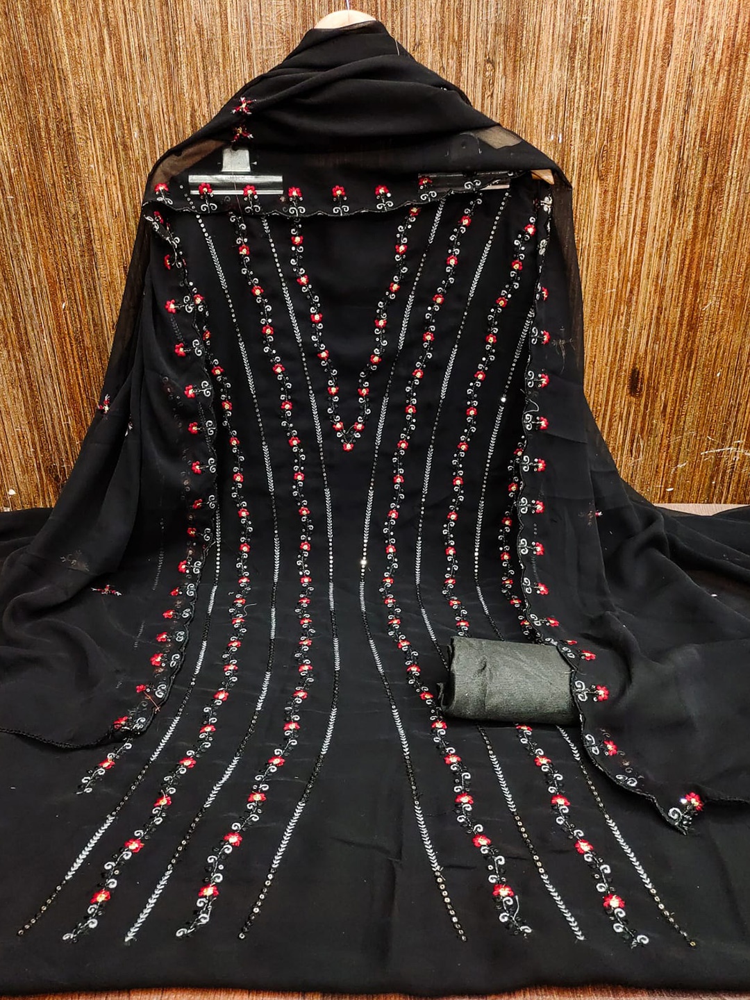 

ZEEPKART Floral Embroidered Unstitched Dress Material, Black
