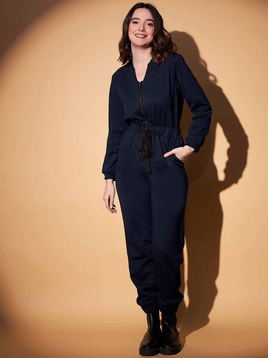 

STYLECAST X KASSUALLY V-Neck Fleece Basic Jumpsuit, Navy blue
