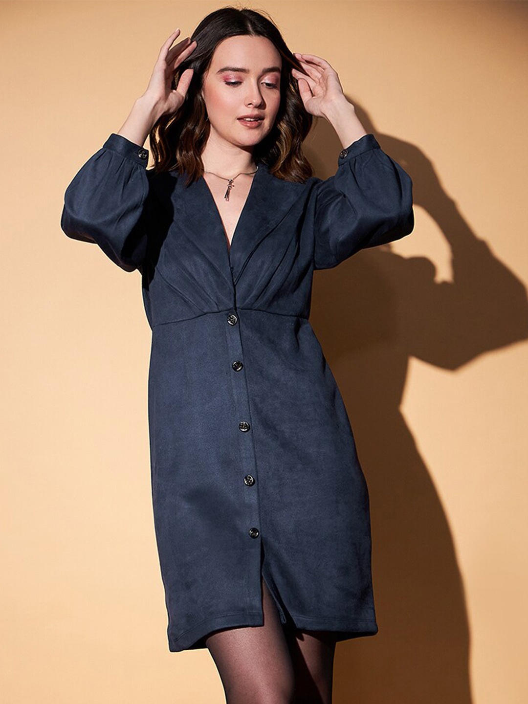 

STYLECAST X KASSUALLY Suede Notch Lapel Collar Blazer Dress, Navy blue