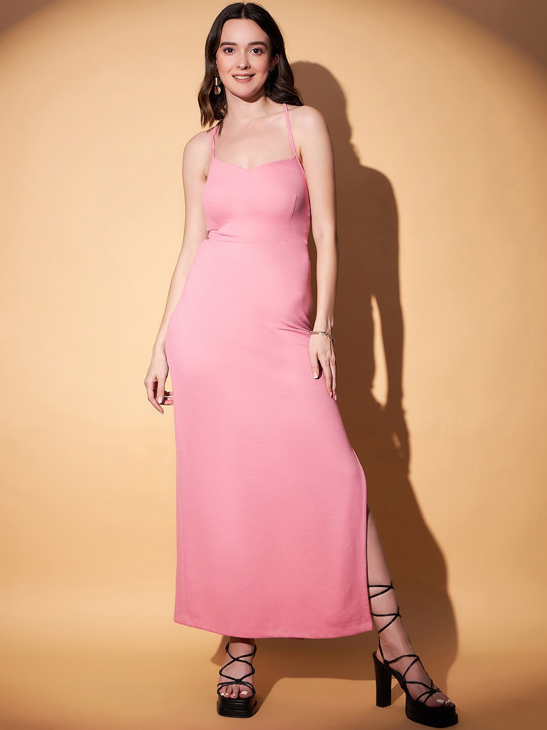 

STYLECAST X KASSUALLY Criss Cross Back Tie Up Rib A-Line Dress, Pink