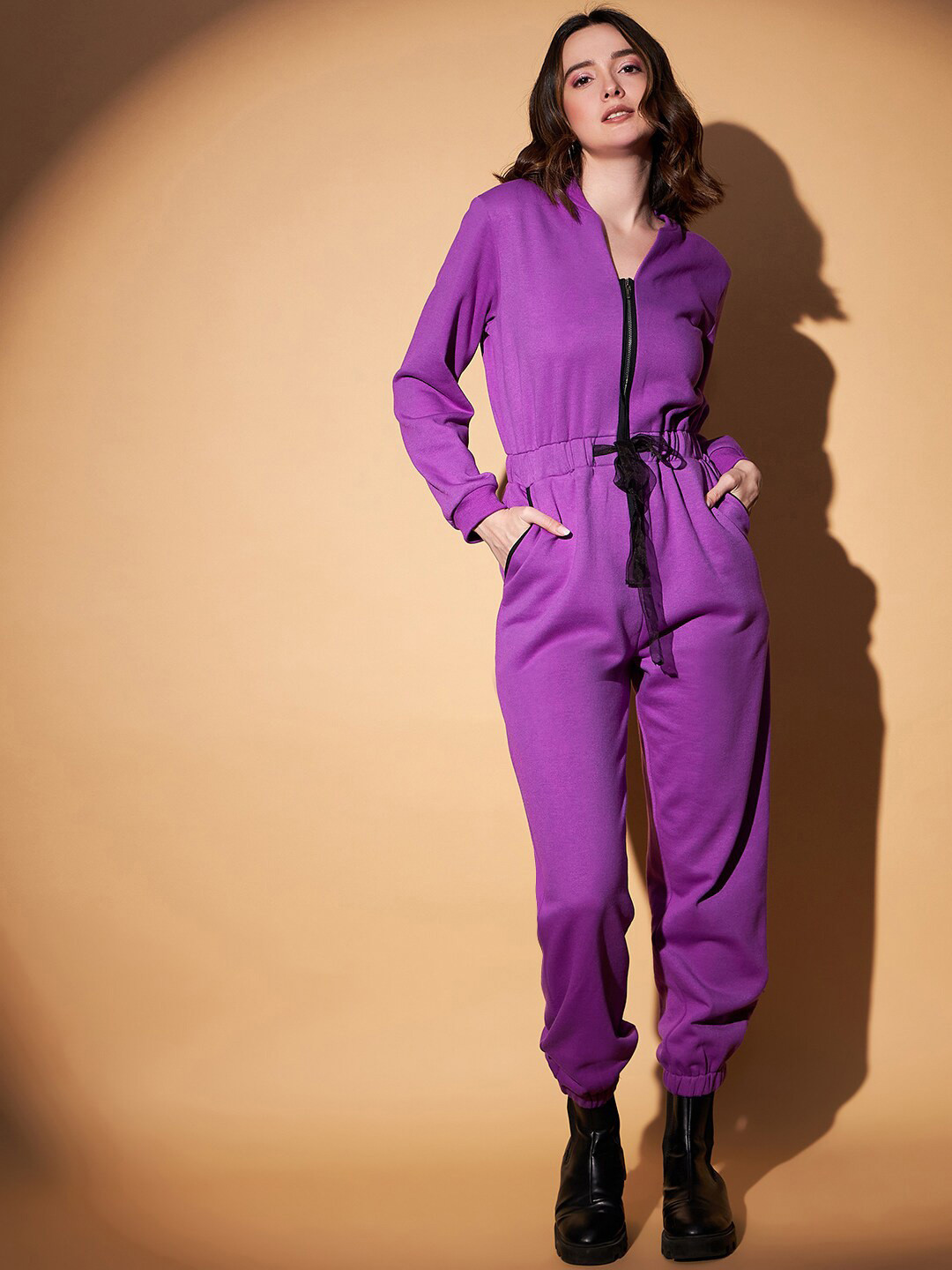 

STYLECAST X KASSUALLY V-Neck Fleece Basic Jumpsuit, Purple
