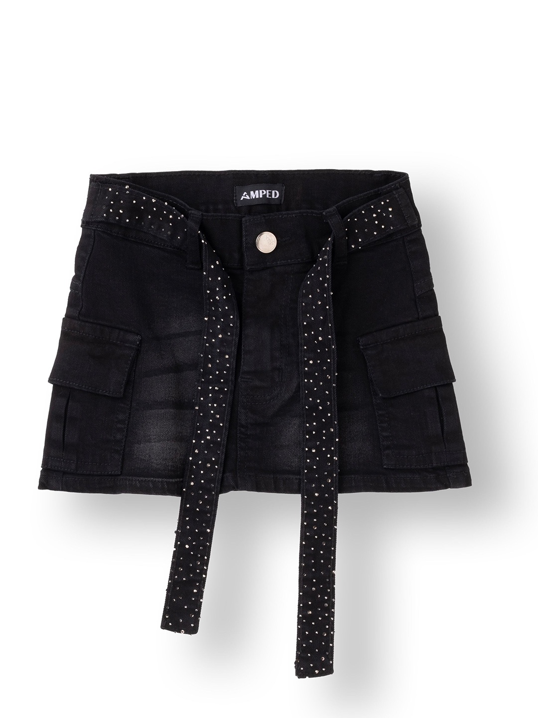 

AMPED Girls Pure Cotton Tie Up Denim Straight Mini Skirt, Black