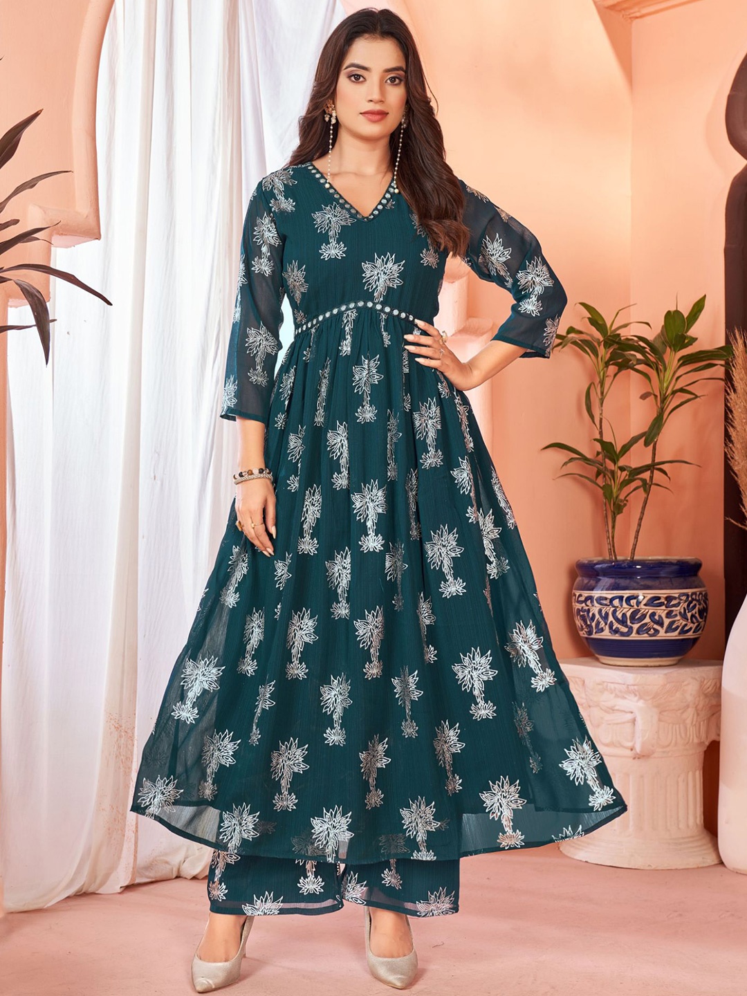 

KALINI Floral Printed V Neck Three-Quarter Sleeves Mirror Work Pleated Kurta with Palazzos, Navy blue