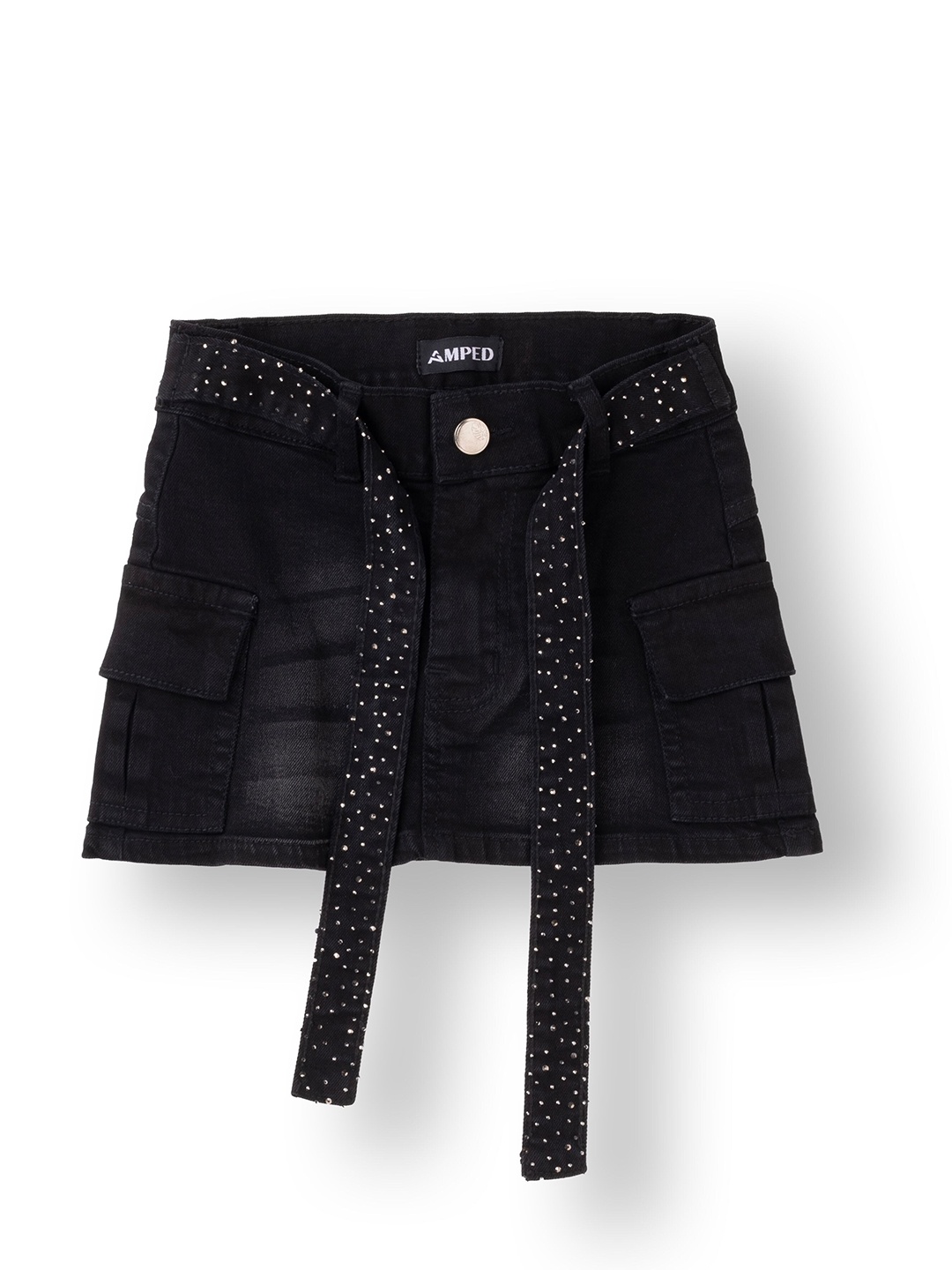 

AMPED Girls Washed Pure Cotton Denim A-Line Mini Skirt, Black