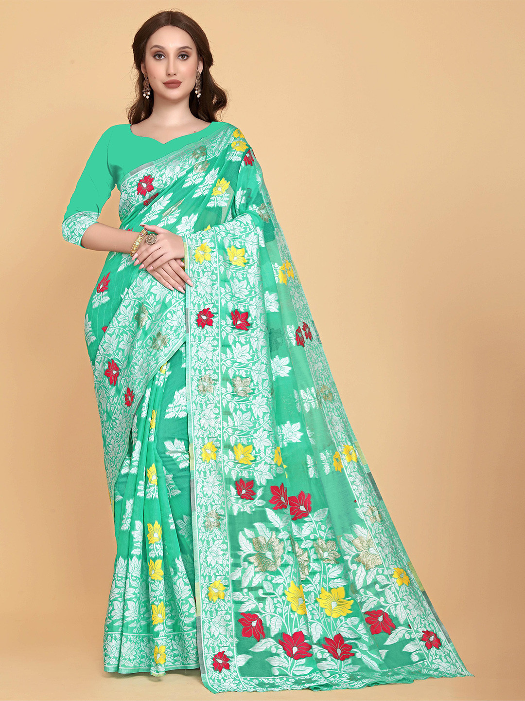 

LIMDO Floral Woven Design Zari Pure Cotton Jamdani Saree, Teal