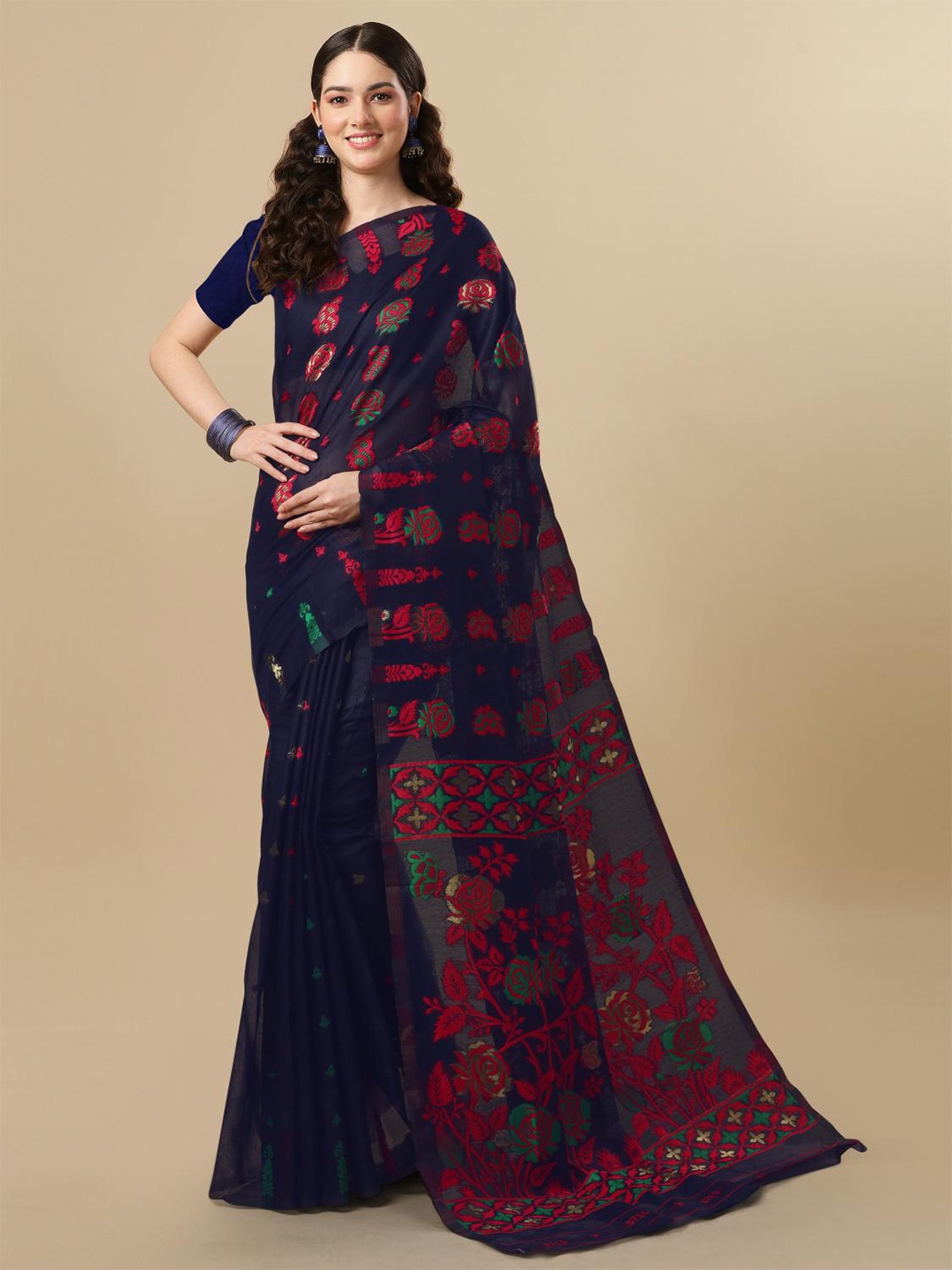

LIMDO Floral Woven Design Pure Cotton Jamdani Saree, Navy blue