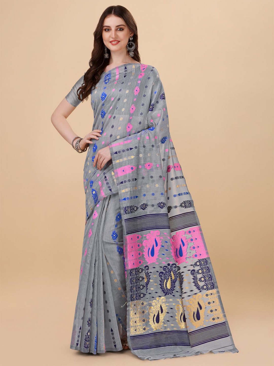 

LIMDO Woven Design Pure Cotton Jamdani Saree, Grey