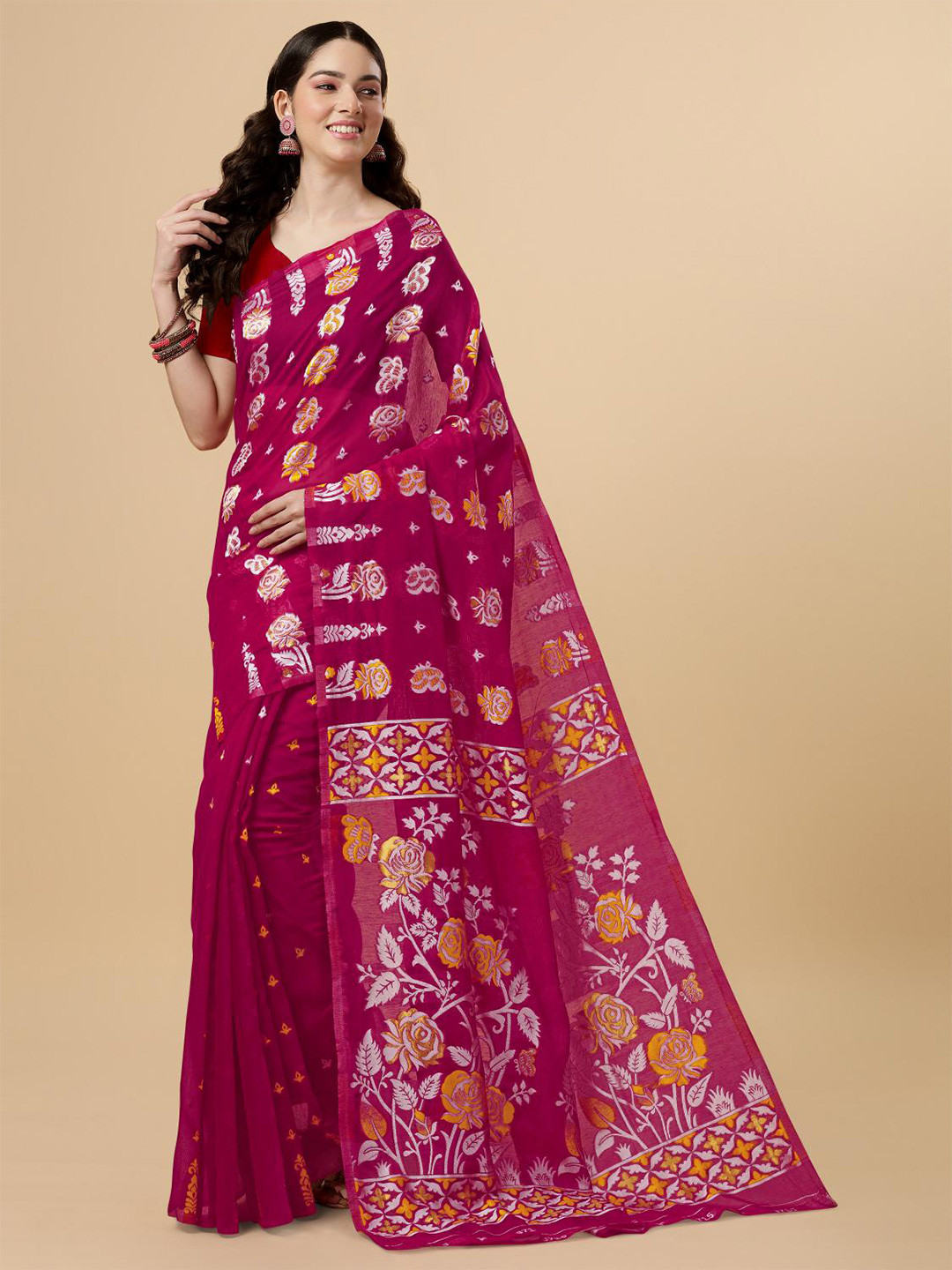 

LIMDO Floral Woven Design Pure Cotton Jamdani Saree, Pink