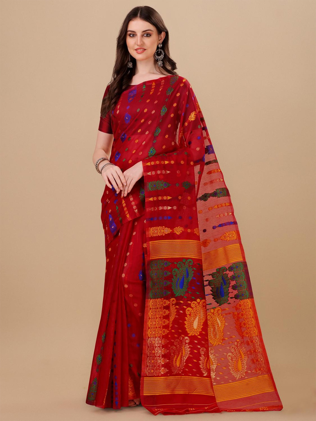 

LIMDO Woven Design Pure Cotton Jamdani Saree, Red