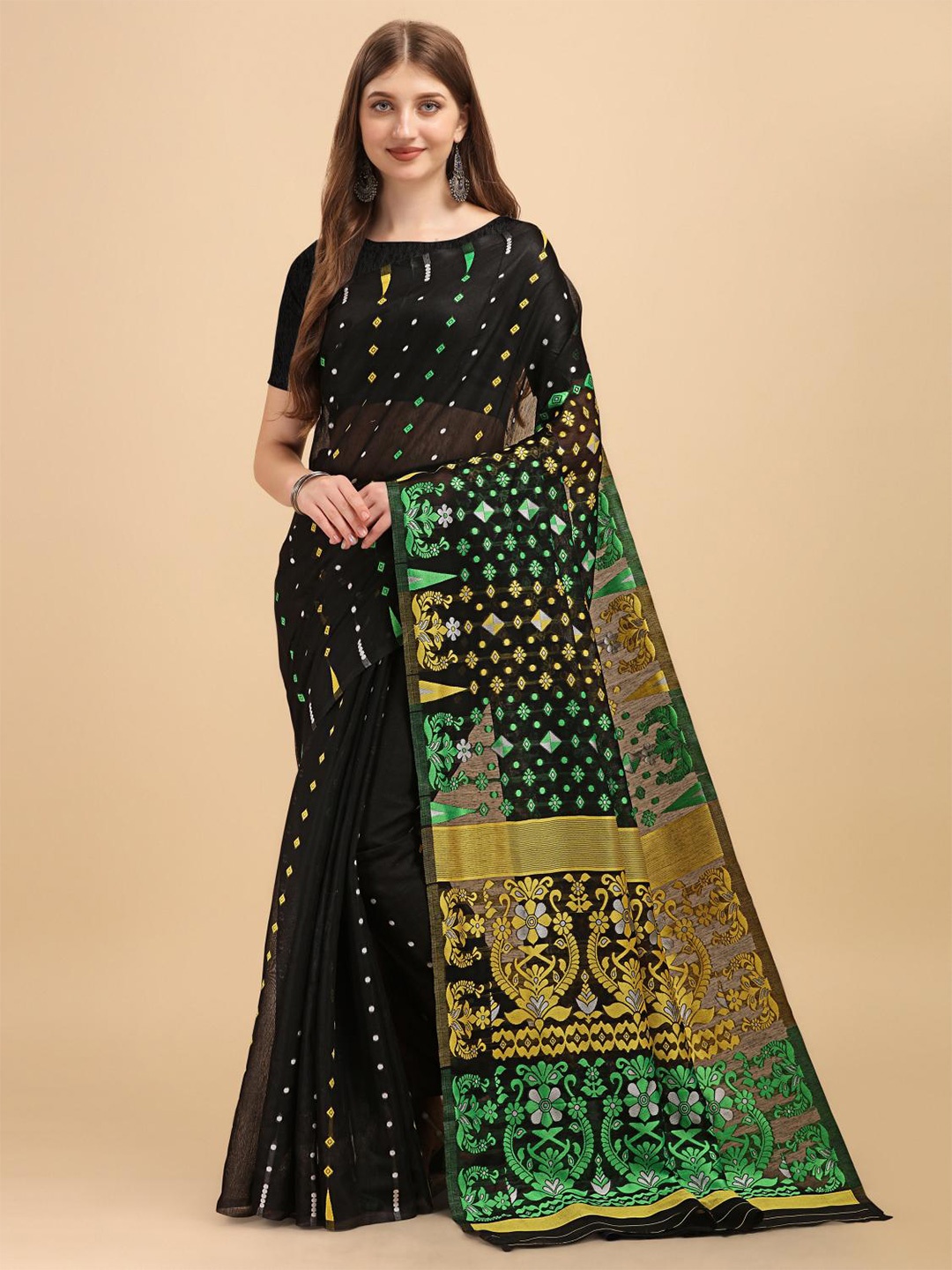 

LIMDO Ethnic Motifs Woven Design Pure Cotton Jamdani Saree, Black