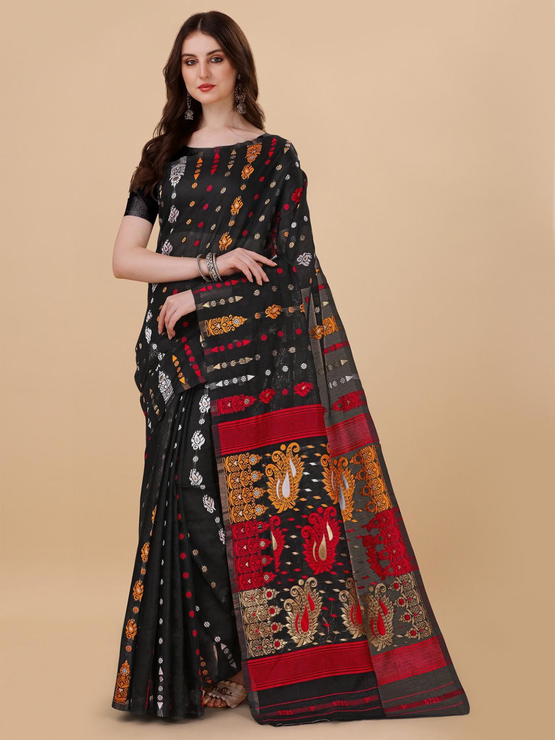 

LIMDO Black Ethnic Woven Design Pure Cotton Jamdani Saree