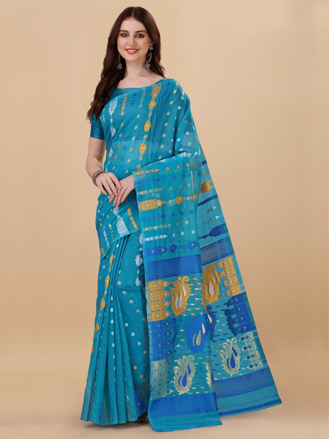 

LIMDO Woven Design Pure Cotton Jamdani Saree, Sea green