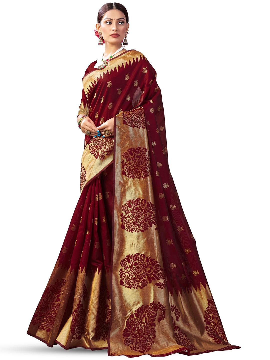 

LIMDO Floral Woven Design Zari Pure Silk Banarasi Saree, Maroon