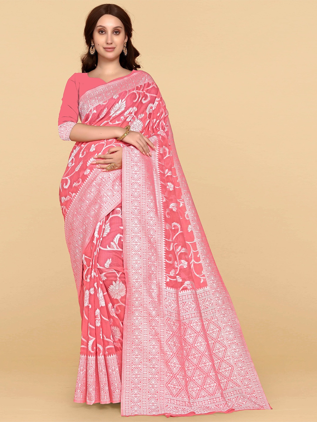 

LIMDO Floral Woven Design Pure Cotton Jamdani Saree, Pink