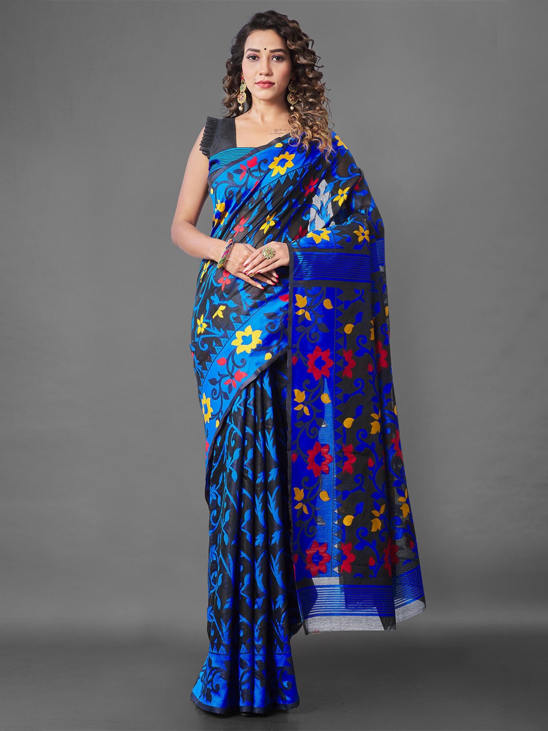 

LIMDO Floral Woven Design Pure Cotton Jamdani Saree, Black