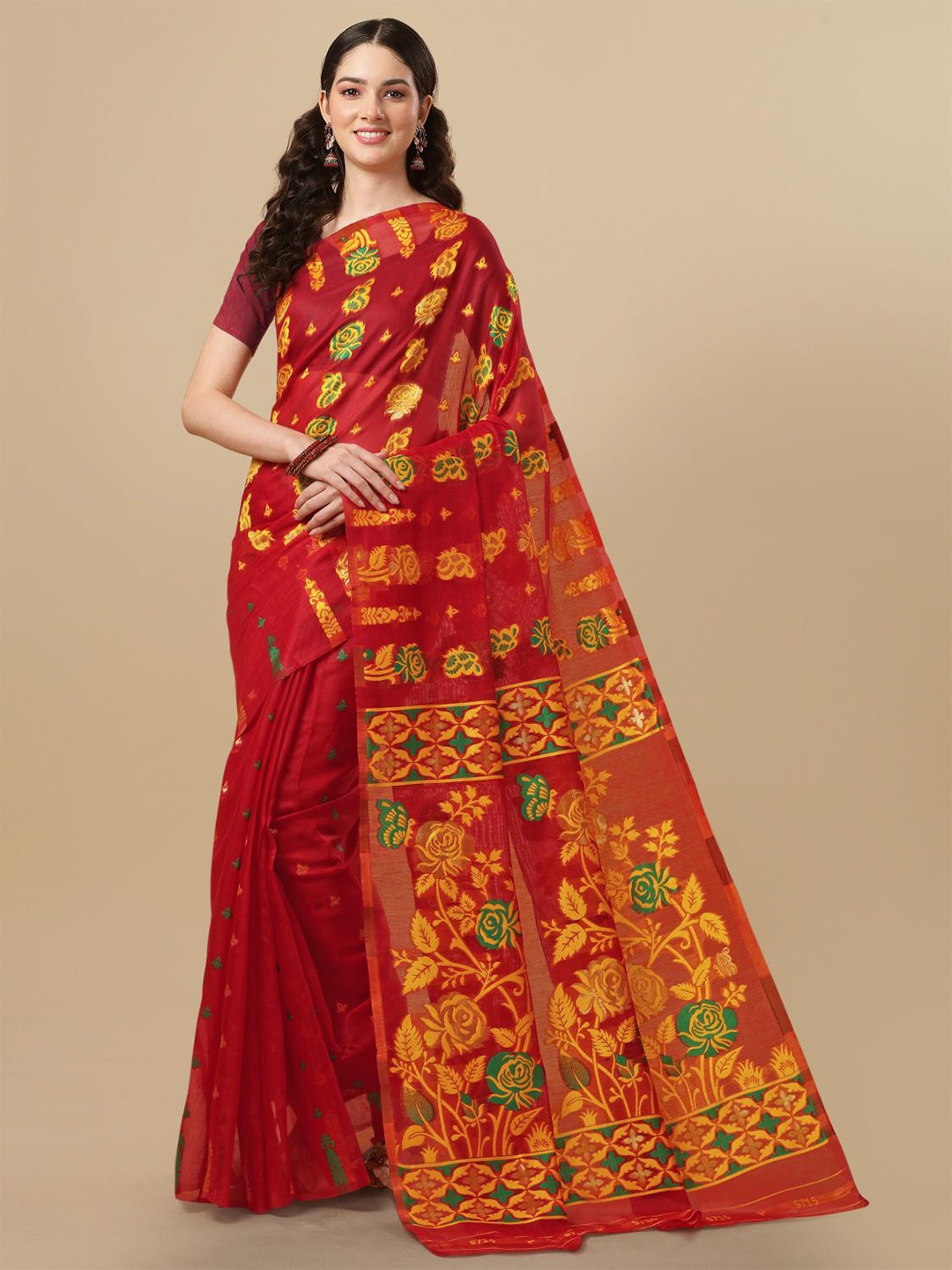 

LIMDO Floral Woven Design Pure Cotton Jamdani Saree, Red