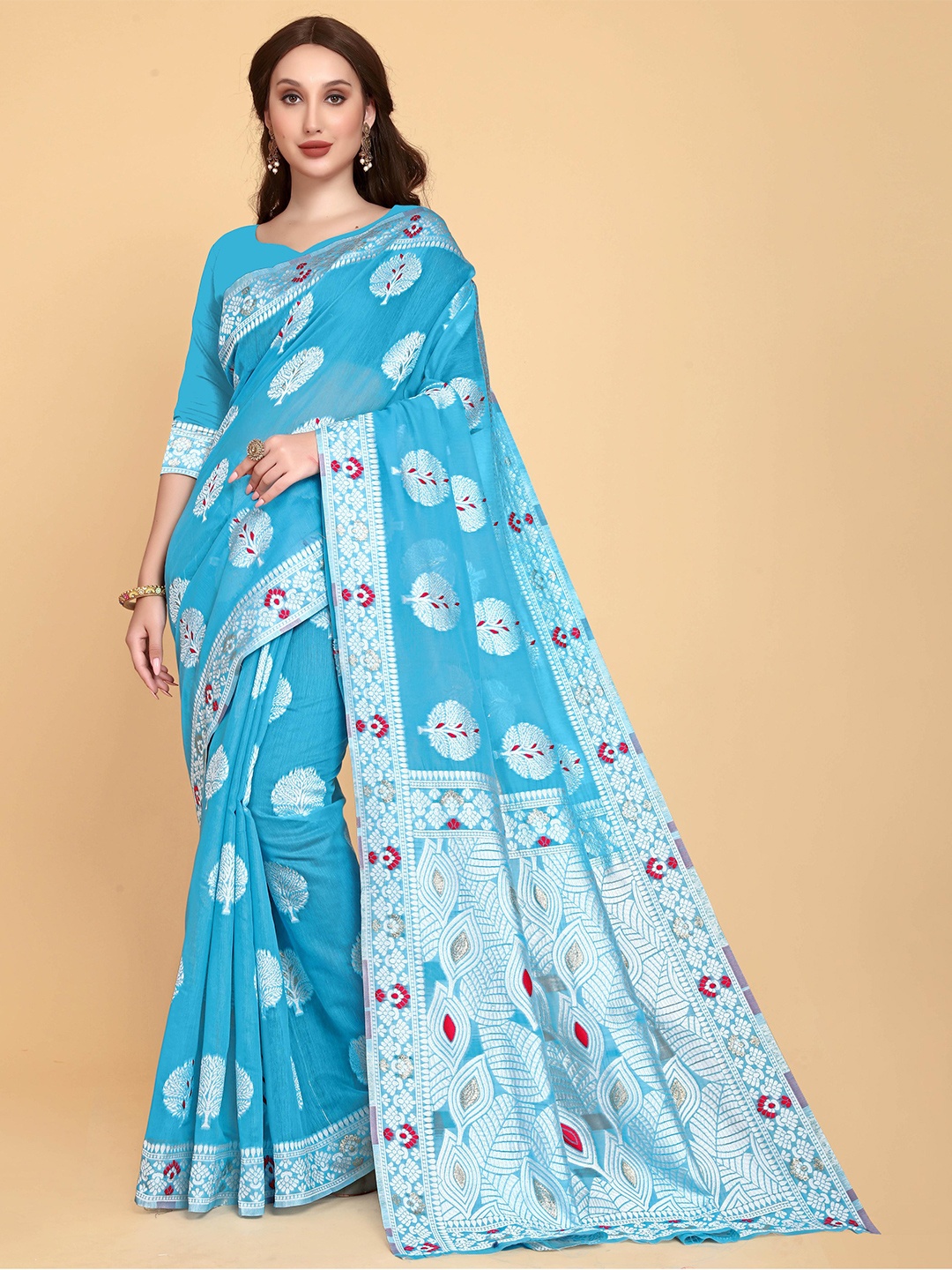 

LIMDO Floral Woven Design Zari Pure Cotton Jamdani Saree, Sea green