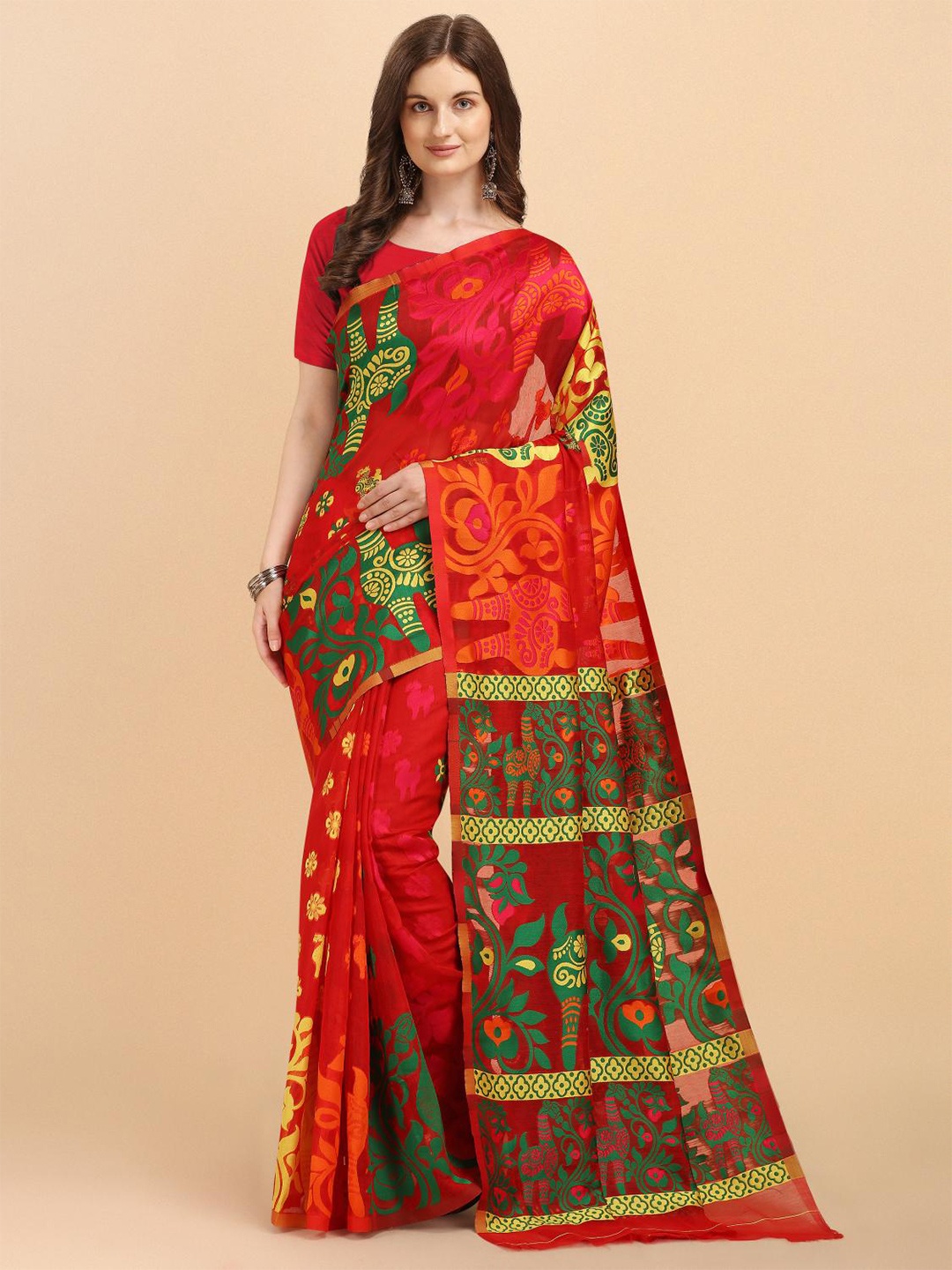 

LIMDO Ethnic Motifs Printed Pure Cotton Jamdani Saree, Orange