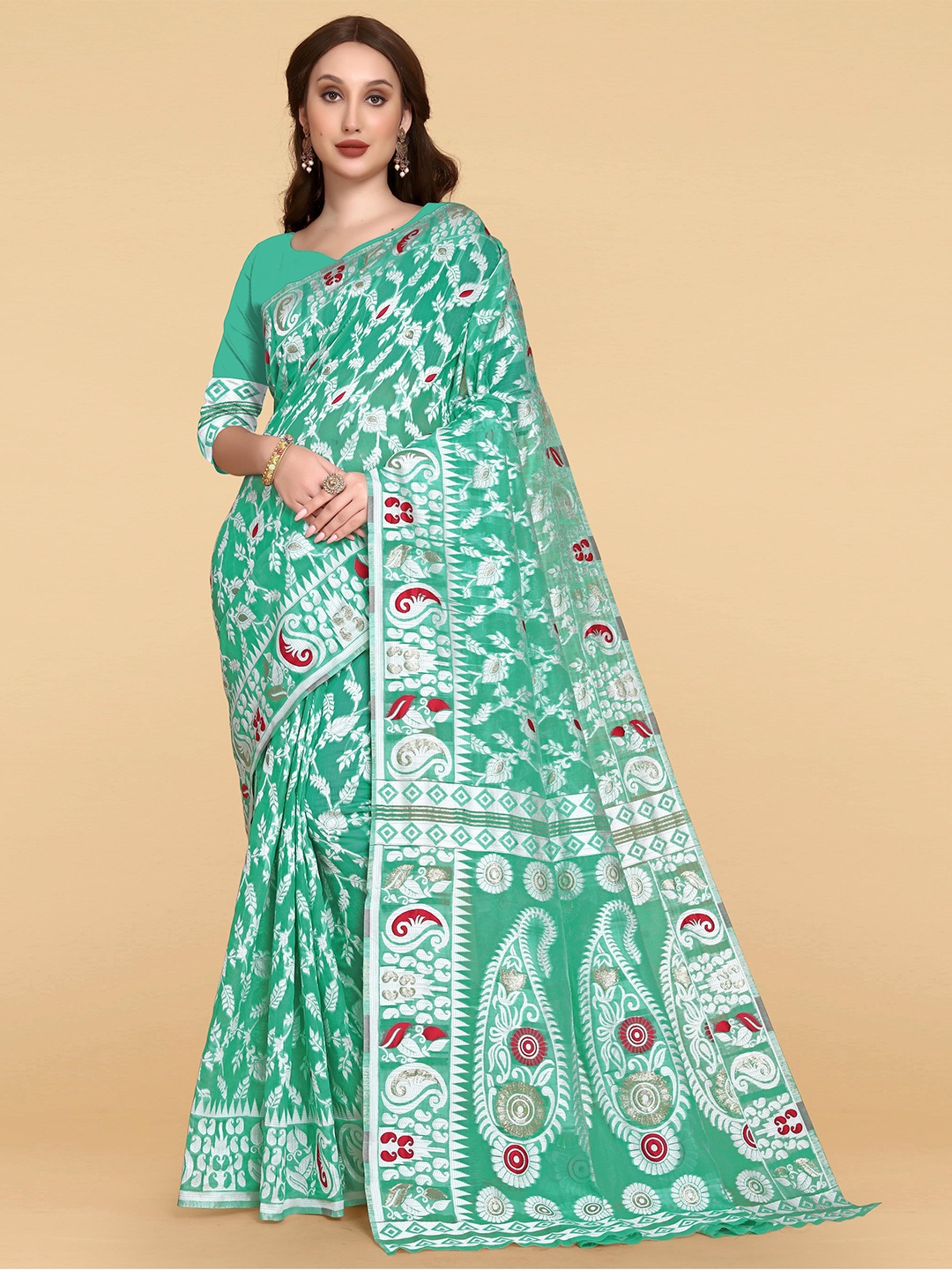 

LIMDO Ethnic Motifs Woven Design Pure Cotton Jamdani Saree, Teal