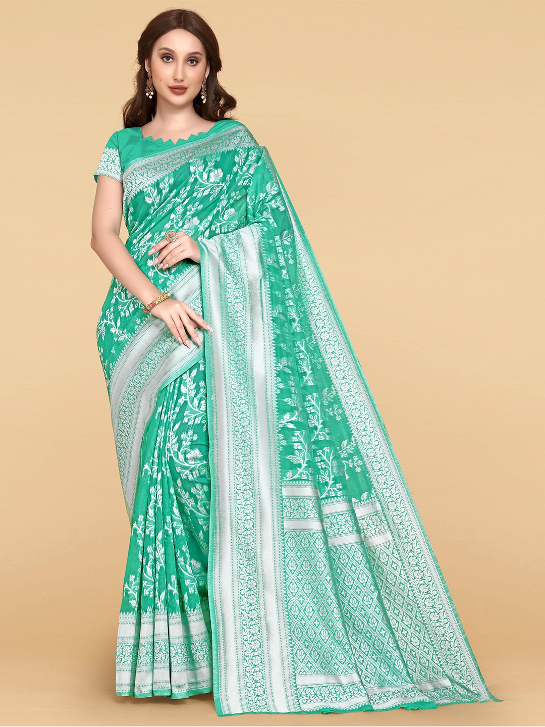 LIMDO Floral Woven Design Zari Pure Cotton Jamdani Saree, Teal