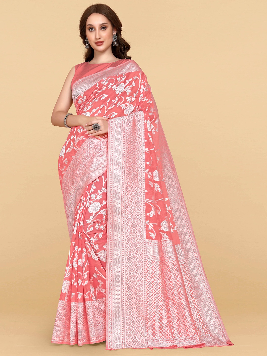 

LIMDO Floral Woven Design Pure Cotton Jamdani Saree, Pink