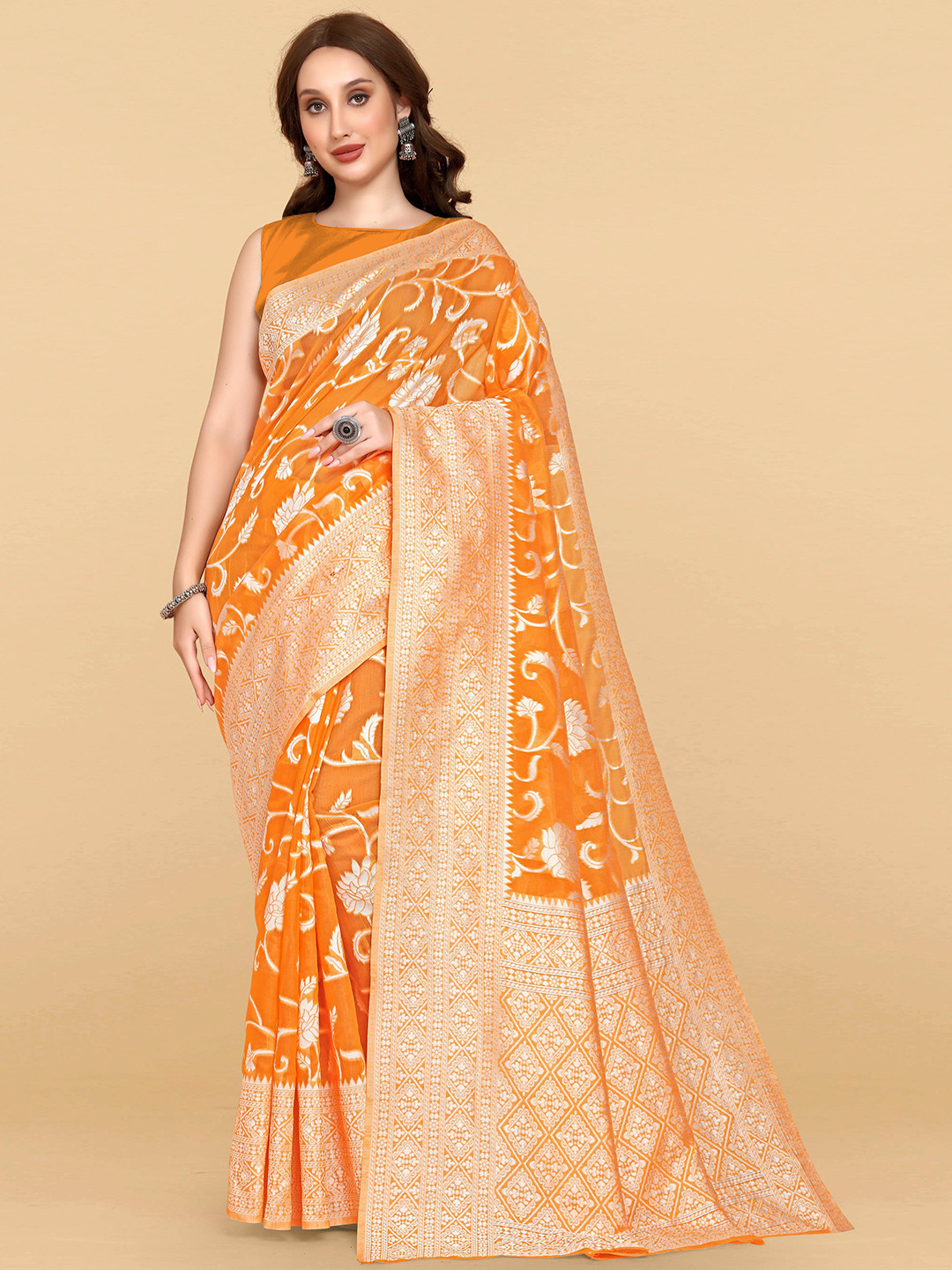 

LIMDO Floral Woven Design Zari Pure Cotton Jamdani Saree, Orange