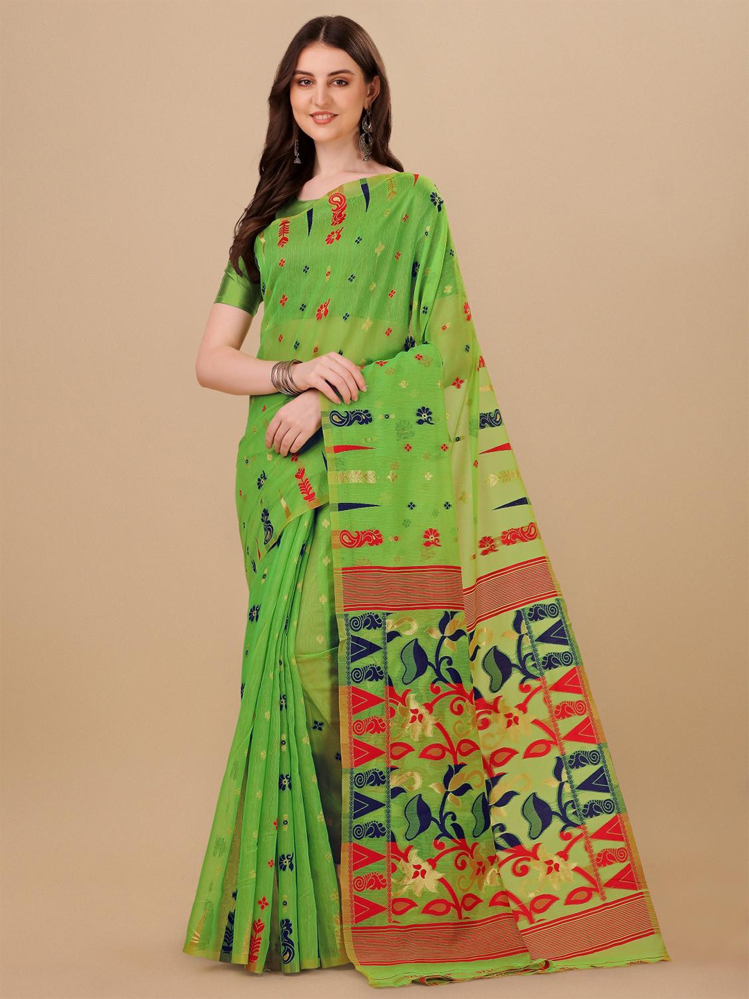 

LIMDO Ethnic Motifs Woven Design Pure Cotton Jamdani Saree, Lime green