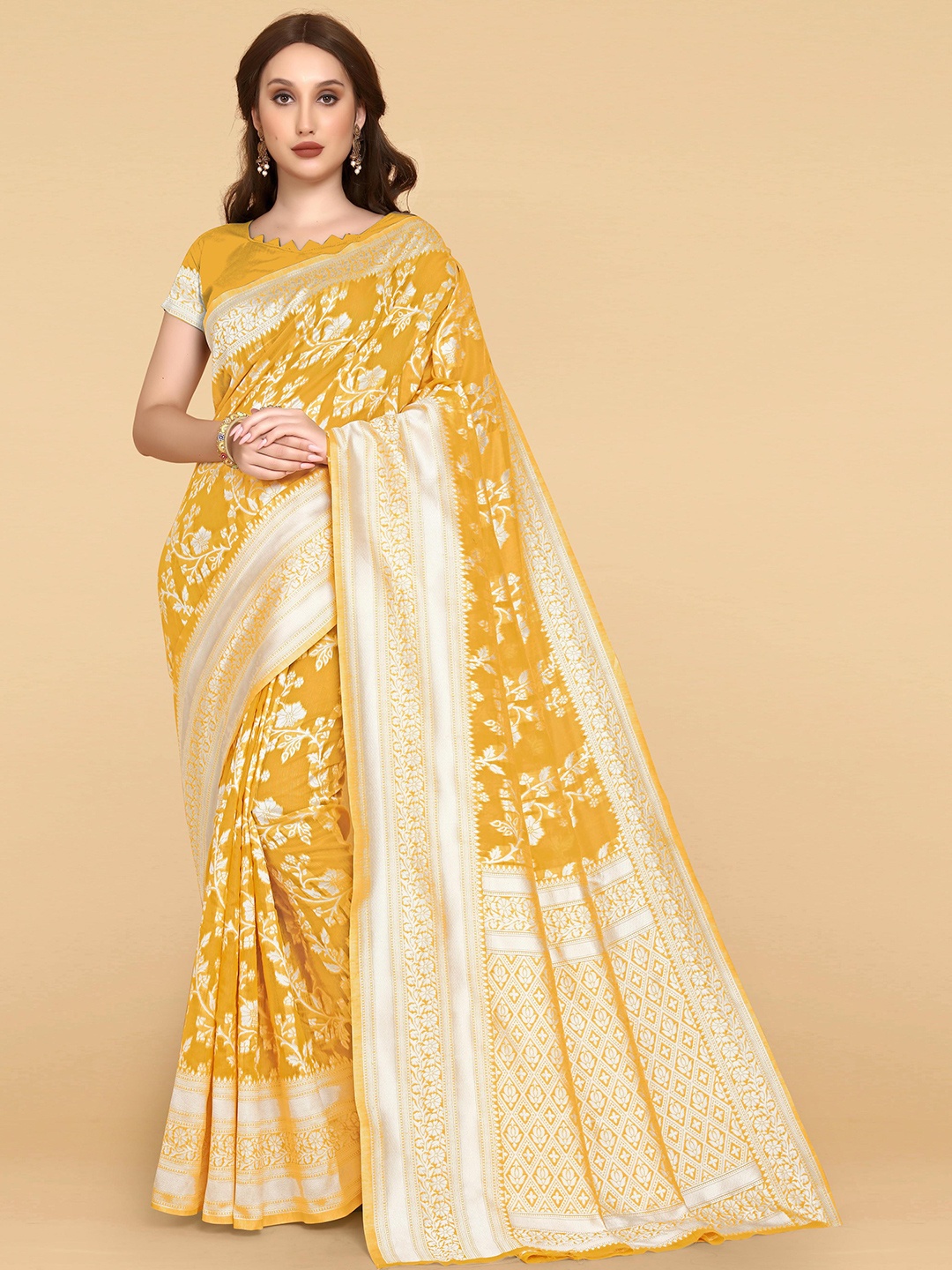 

LIMDO Floral Woven Design Zari Pure Cotton Jamdani Saree, Gold