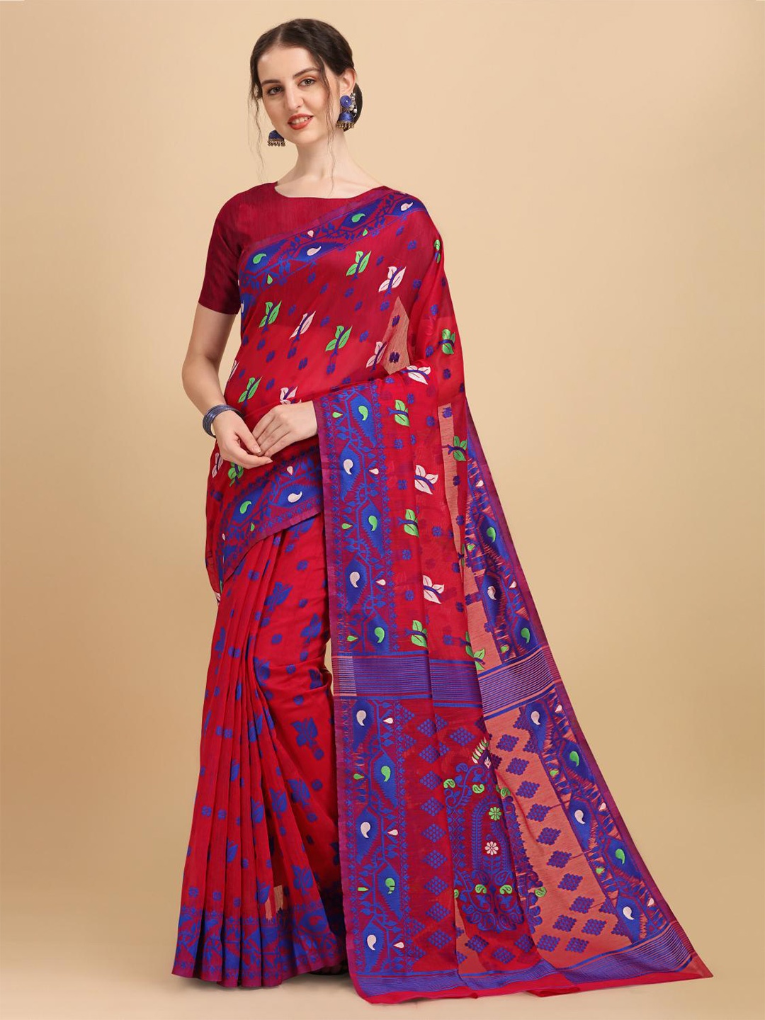 

LIMDO Woven Design Pure Cotton Jamdani Saree, Pink