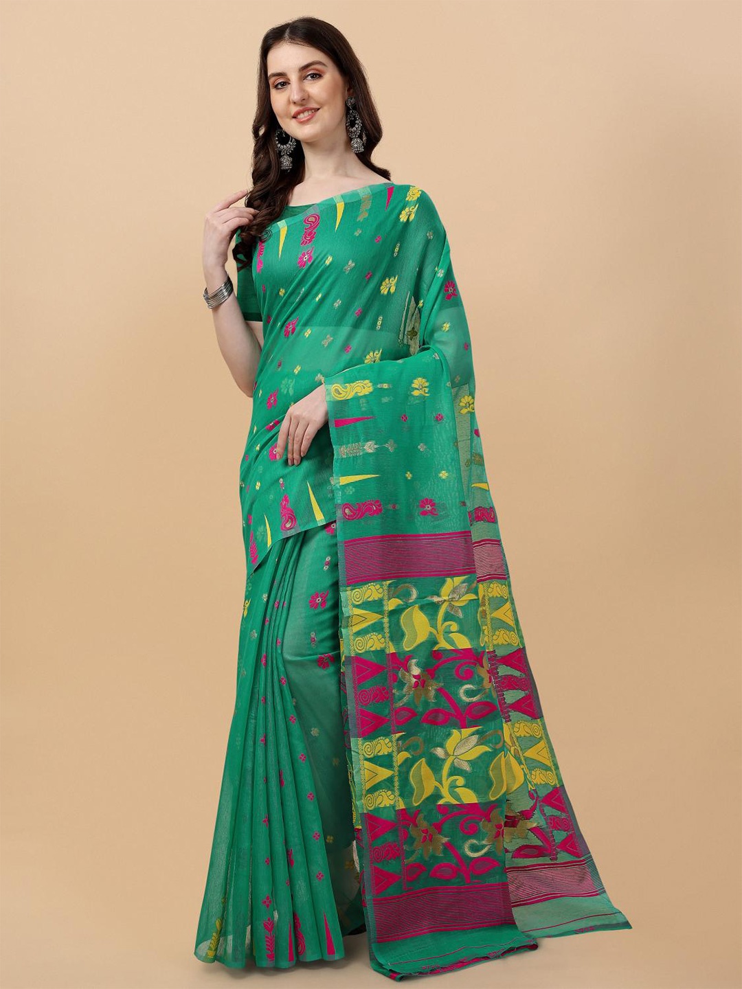 

LIMDO Ethnic Motifs Woven Design Pure Cotton Jamdani Saree, Teal