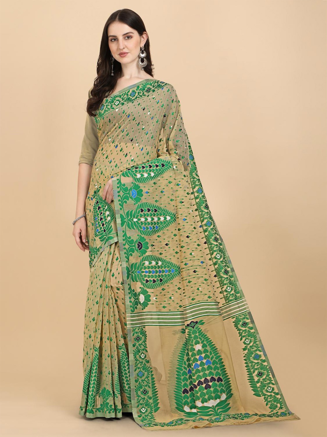 

LIMDO Woven Design Pure Cotton Jamdani Saree, Cream